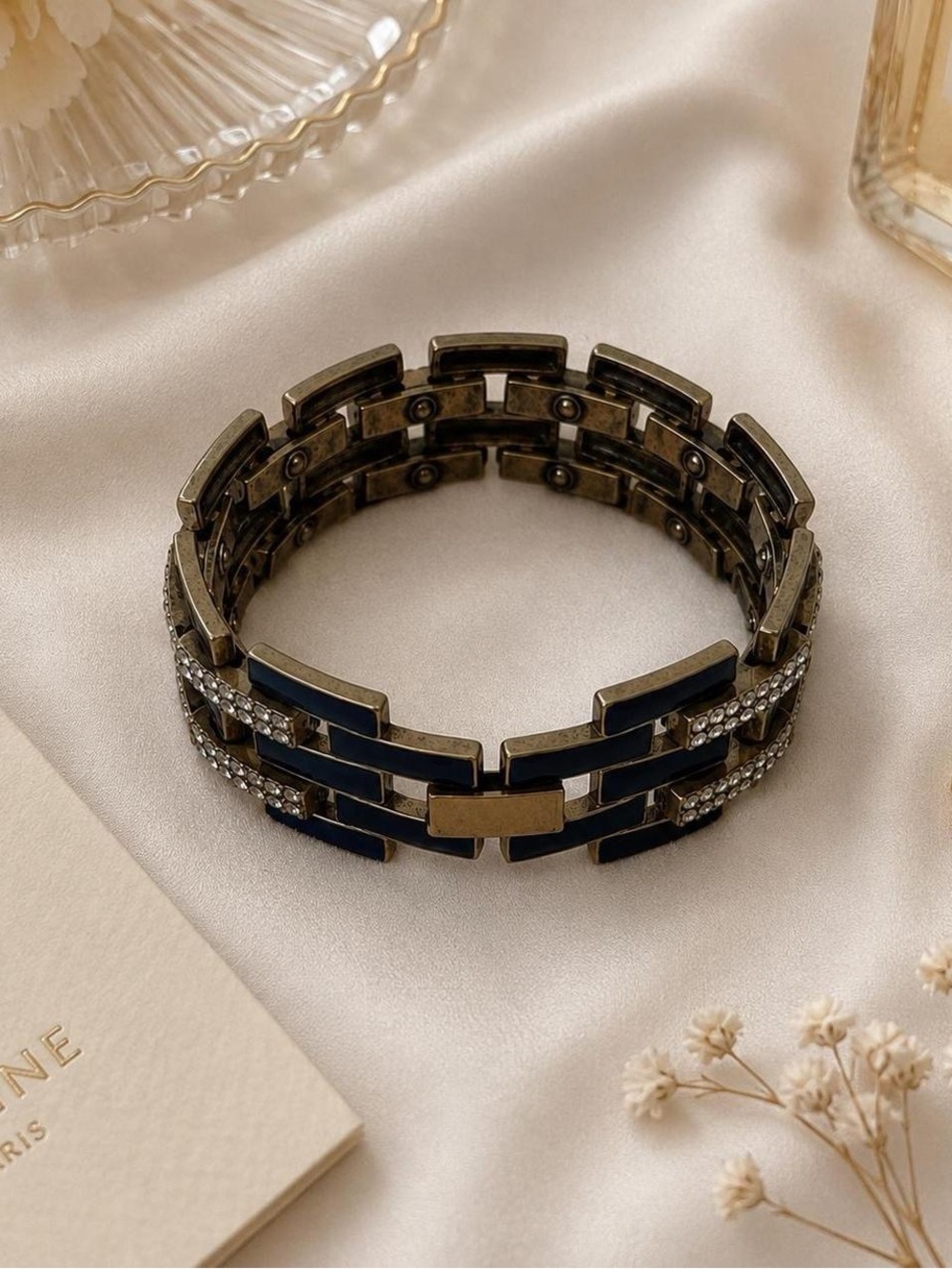 Vintage J.Crew Navy Blue Enamel Rhinestone Statement Bracelet